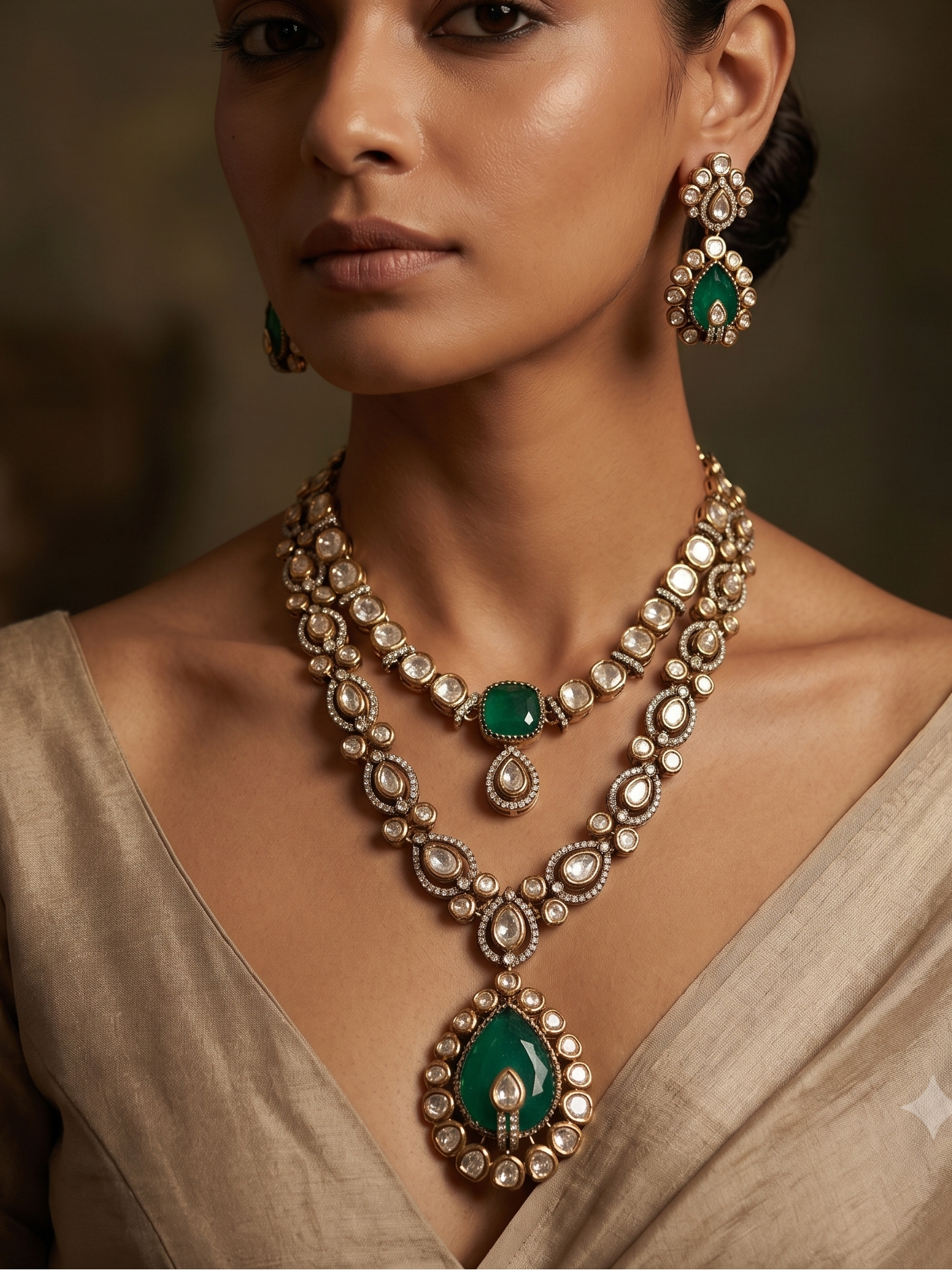 Polki Double Line Necklace Set