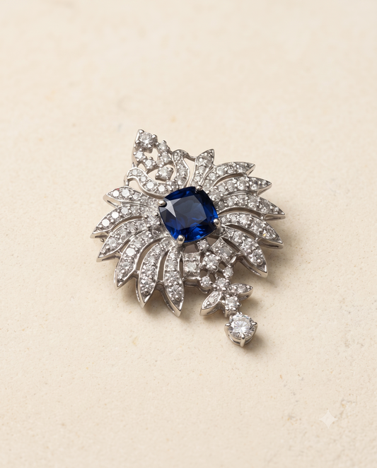 Pure Silver Sapphire Plume Brooch