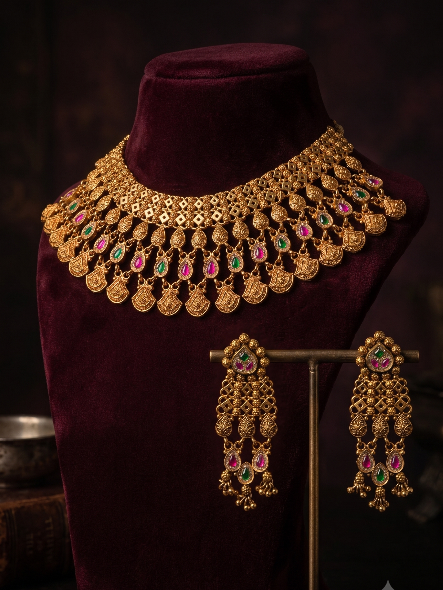 Golden Ruby Mesh Necklace Set
