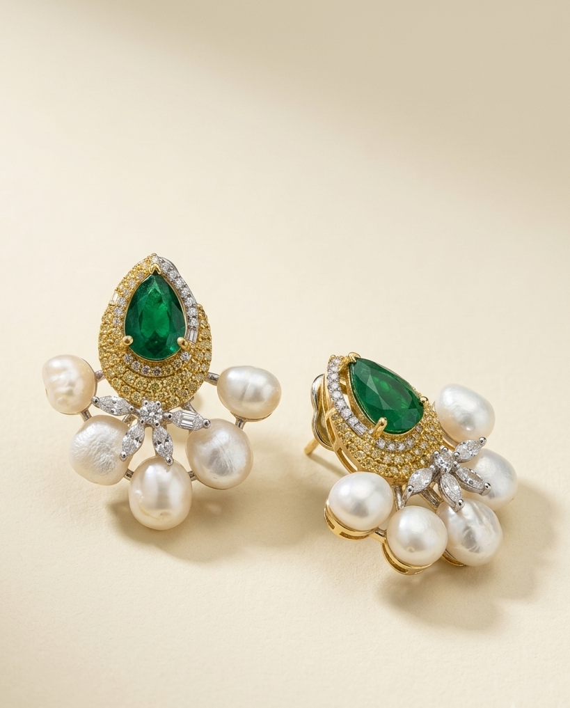 Bold Emerald & Pearl Studs