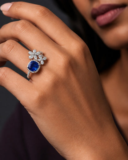Pure Silver Sapphire Floral Ring