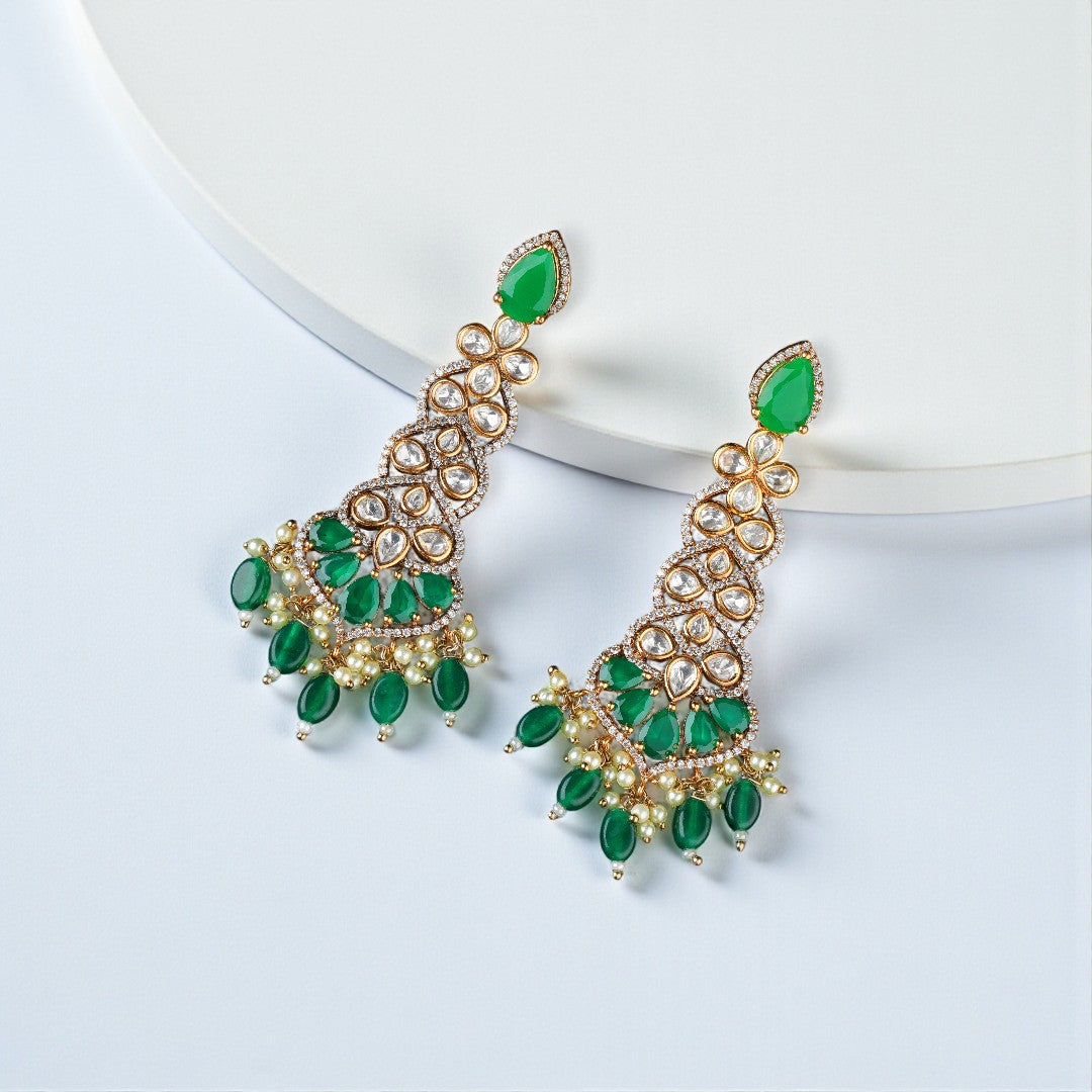 Emerald Polki Long Earrings