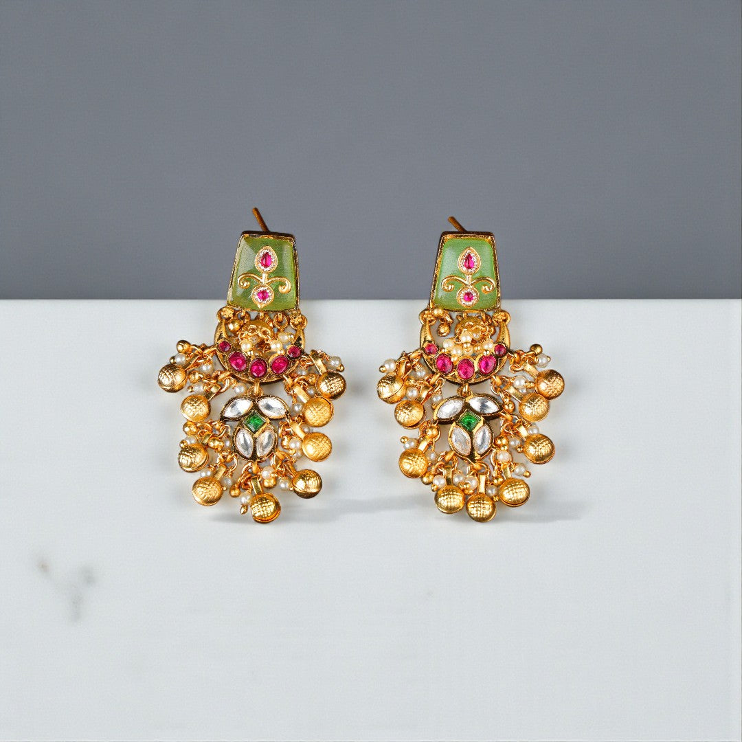 Green Meenakari Polki Earrings