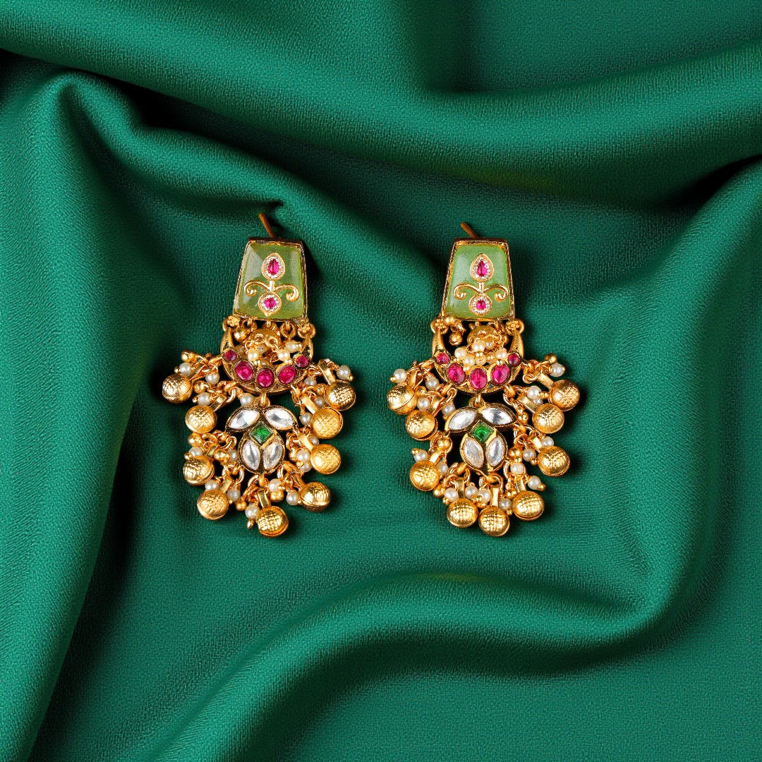Green Meenakari Polki Earrings